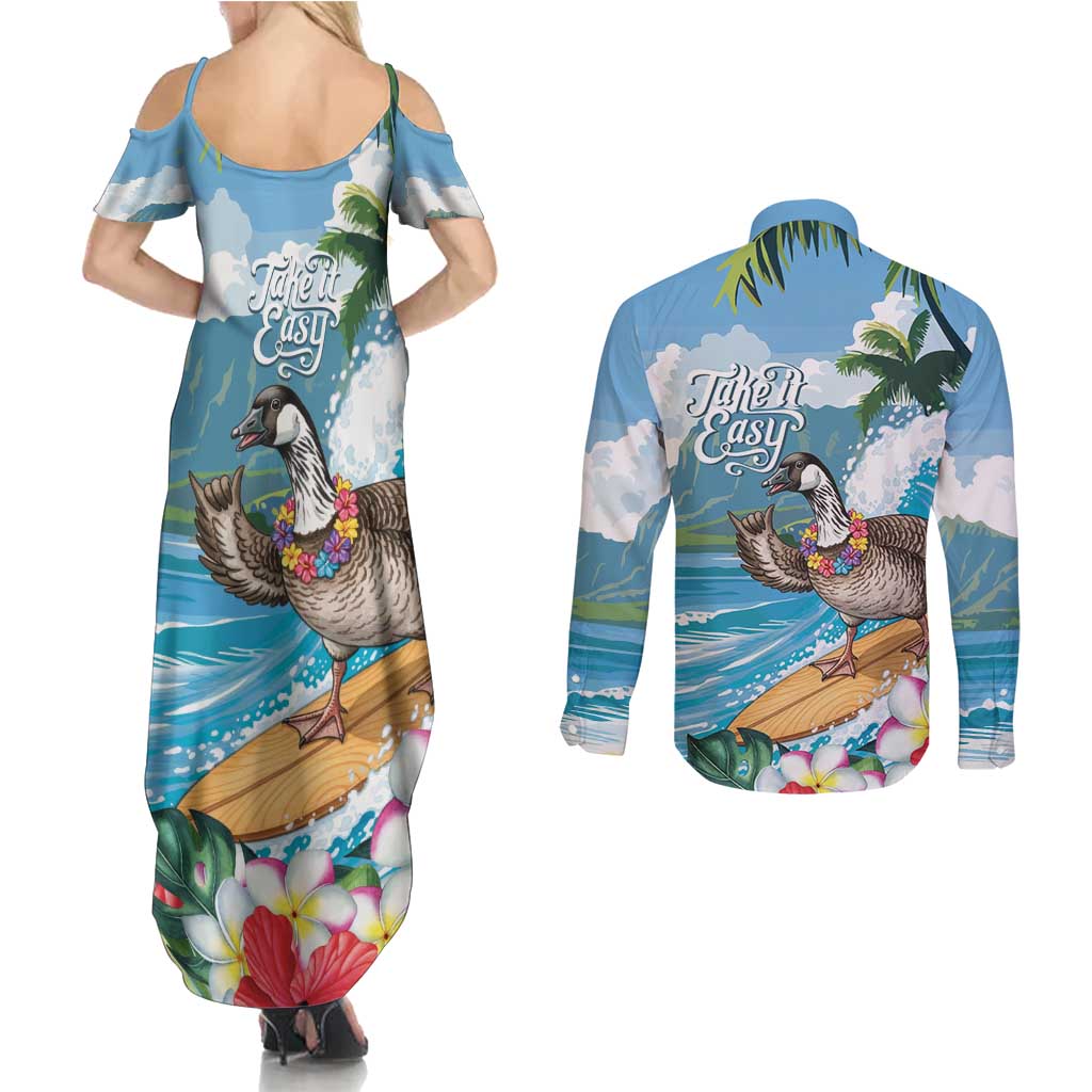 Aloha Hawaii Shaka Nene Goose Couples Matching Summer Maxi Dress and Long Sleeve Button Shirt Surfing Take It Easy - Polynesian Pride