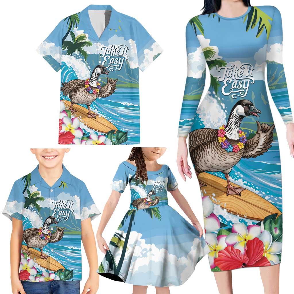Aloha Hawaii Shaka Nene Goose Family Matching Long Sleeve Bodycon Dress and Hawaiian Shirt Surfing Take It Easy LT14 - Polynesian Pride