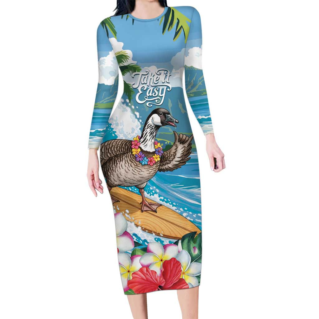 Aloha Hawaii Shaka Nene Goose Family Matching Long Sleeve Bodycon Dress and Hawaiian Shirt Surfing Take It Easy LT14 Mom's Dress Blue - Polynesian Pride