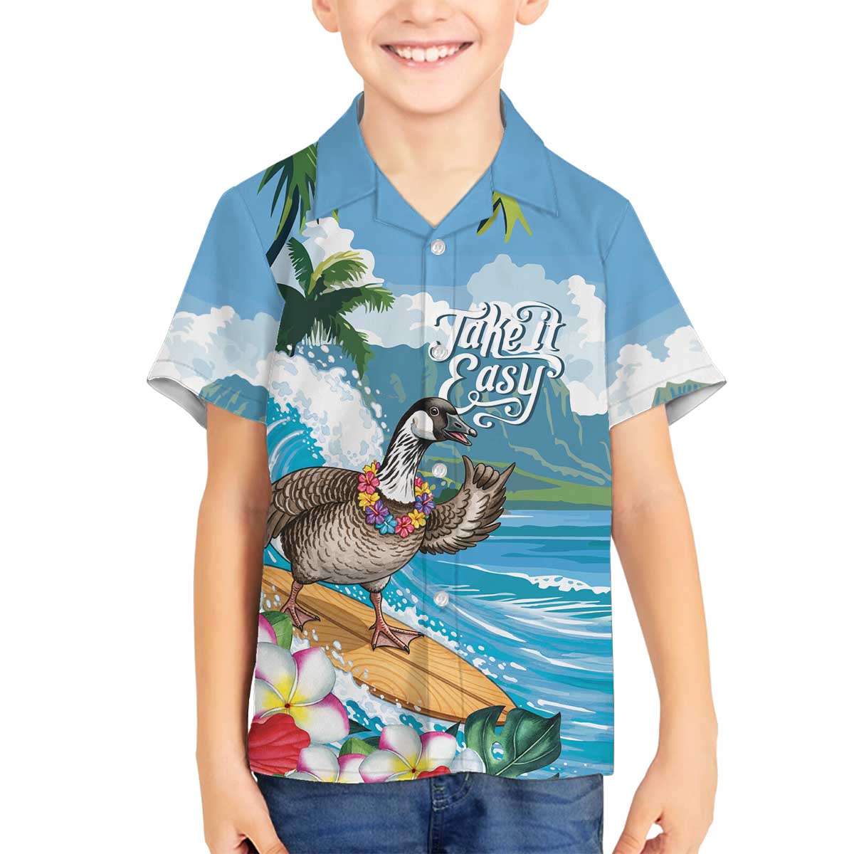 Aloha Hawaii Shaka Nene Goose Family Matching Off The Shoulder Long Sleeve Dress and Hawaiian Shirt Surfing Take It Easy LT14 Son's Shirt Blue - Polynesian Pride