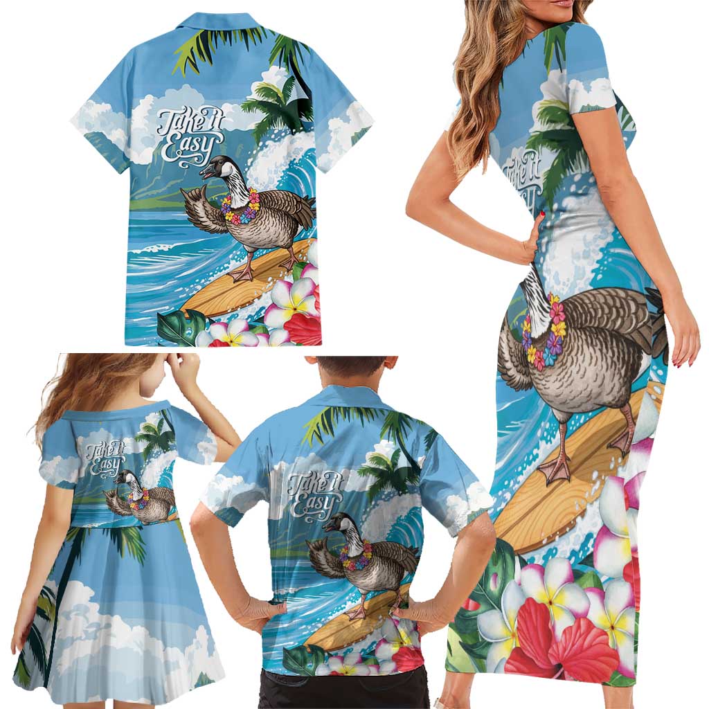 Aloha Hawaii Shaka Nene Goose Family Matching Short Sleeve Bodycon Dress and Hawaiian Shirt Surfing Take It Easy LT14 - Polynesian Pride