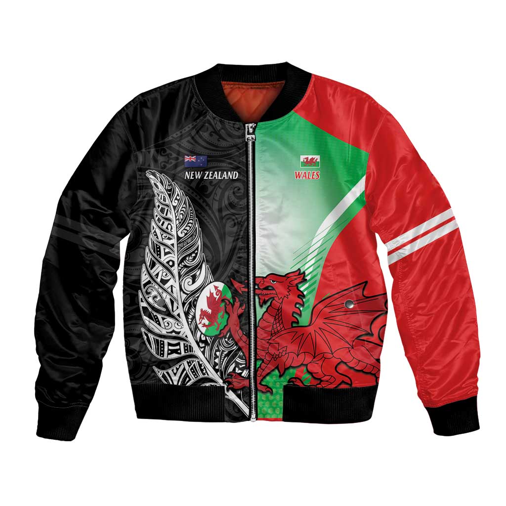 New Zealand and Wales Rugby Custom Bomber Jacket Aotearoa All Black Combine Welsh Dragon - Polynesian Pride
