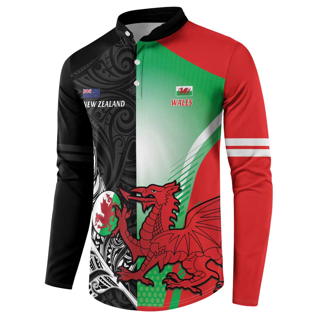 New Zealand and Wales Rugby Custom Button Sweatshirt Aotearoa All Black Combine Welsh Dragon - Polynesian Pride