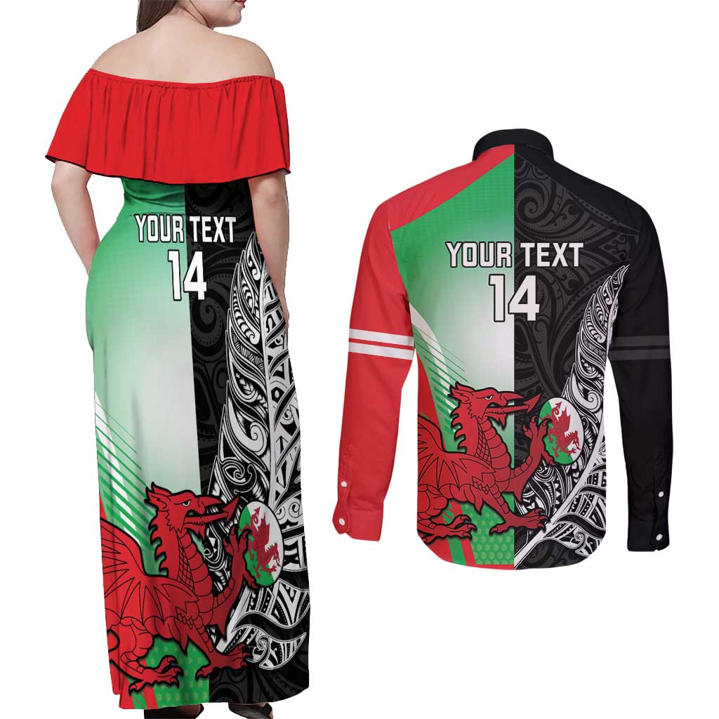 New Zealand and Wales Rugby Custom Couples Matching Off Shoulder Maxi Dress and Long Sleeve Button Shirt Aotearoa All Black Combine Welsh Dragon LT14 - Polynesian Pride