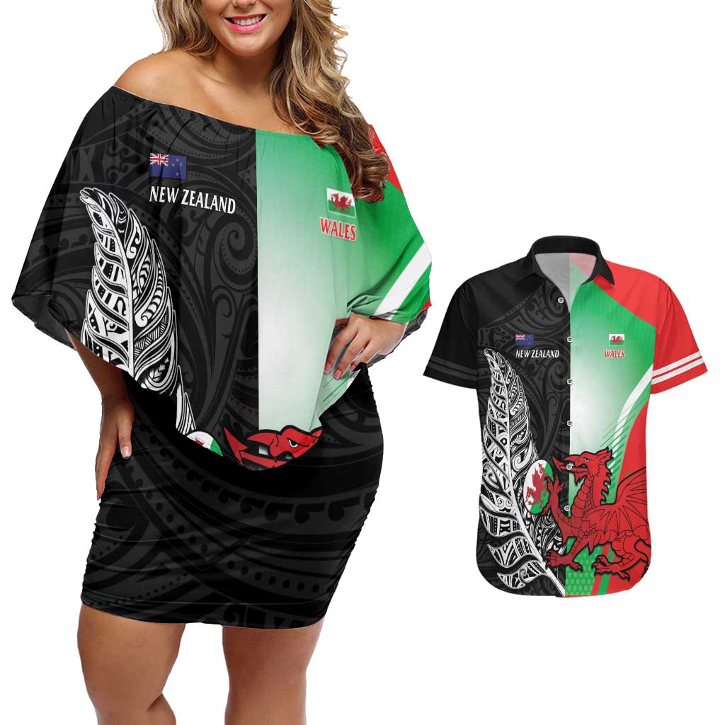 New Zealand and Wales Rugby Custom Couples Matching Off Shoulder Short Dress and Hawaiian Shirt Aotearoa All Black Combine Welsh Dragon - Polynesian Pride