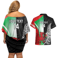 New Zealand and Wales Rugby Custom Couples Matching Off Shoulder Short Dress and Hawaiian Shirt Aotearoa All Black Combine Welsh Dragon LT14 - Polynesian Pride