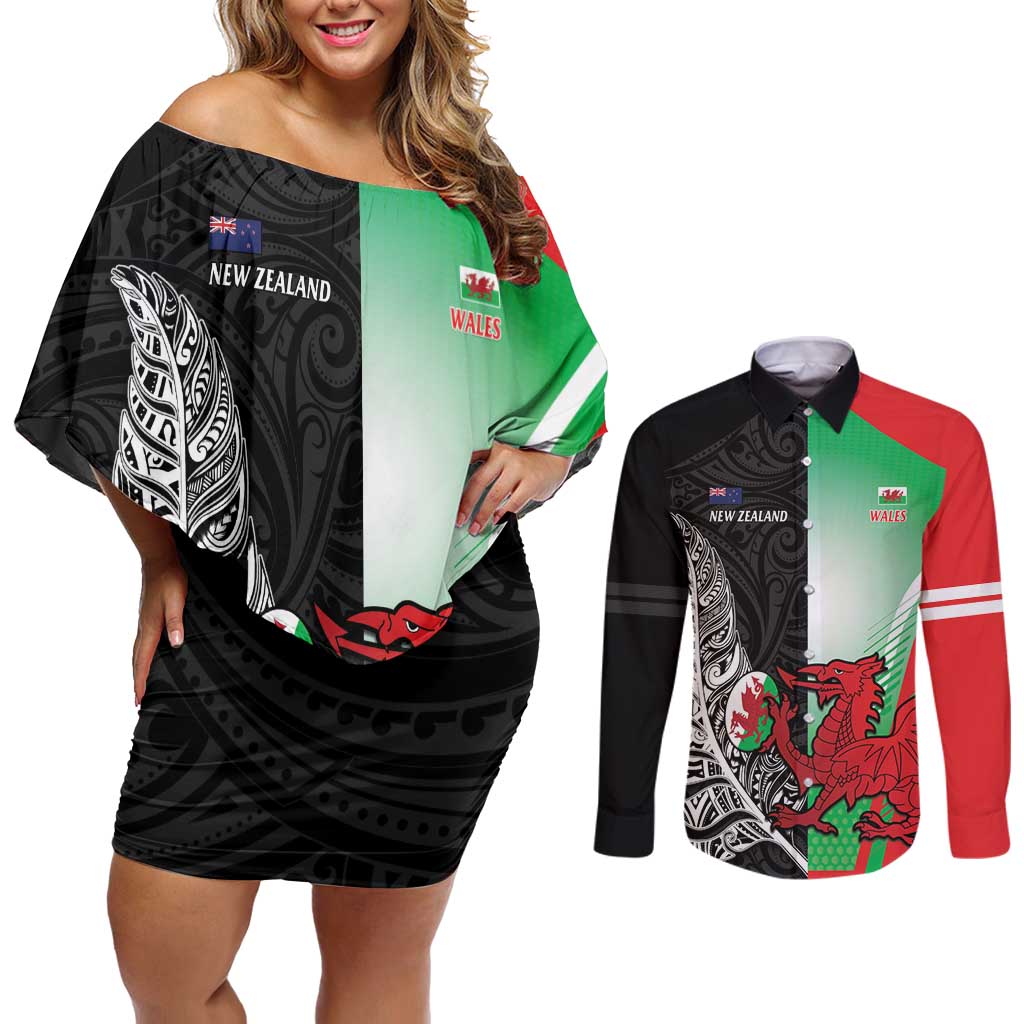 New Zealand and Wales Rugby Custom Couples Matching Off Shoulder Short Dress and Long Sleeve Button Shirt Aotearoa All Black Combine Welsh Dragon LT14 Black - Polynesian Pride