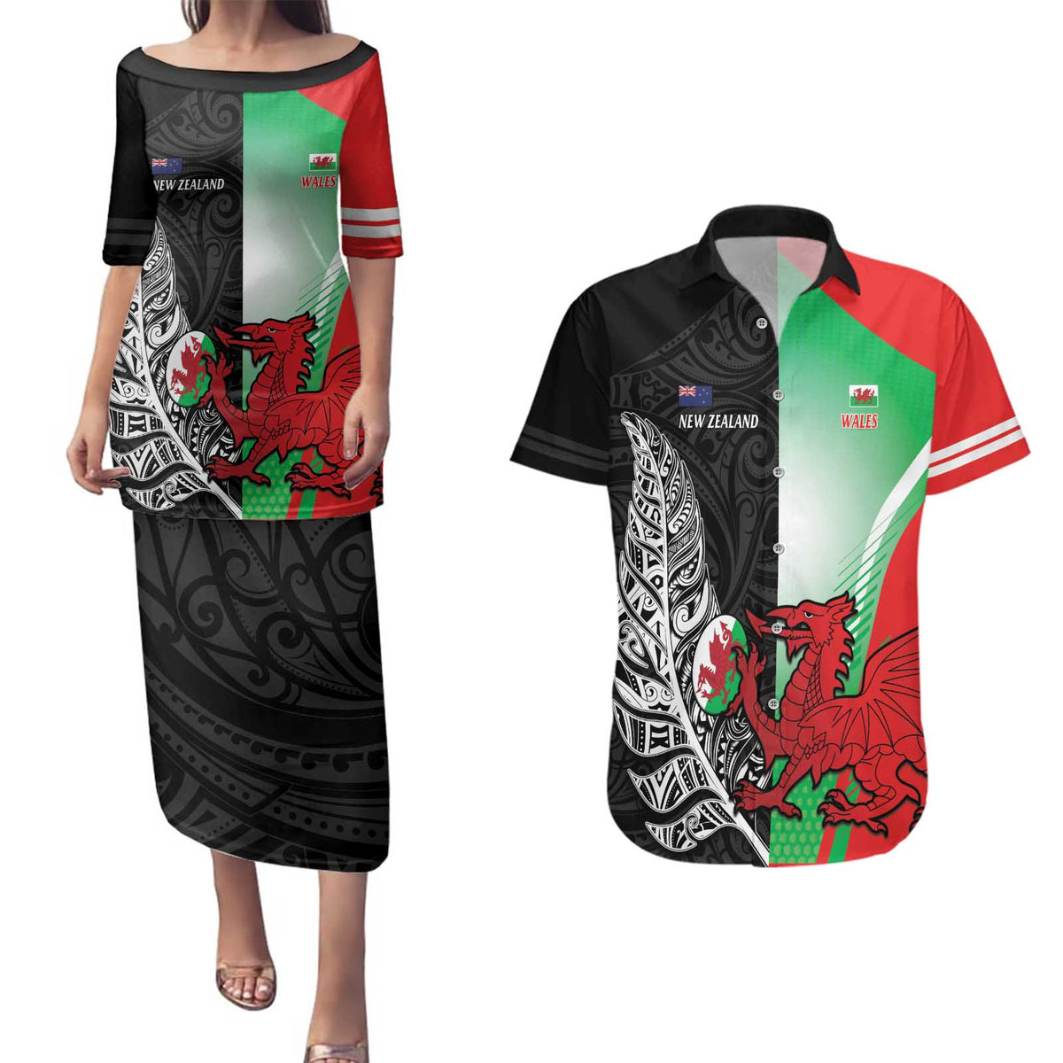 New Zealand and Wales Rugby Custom Couples Matching Puletasi and Hawaiian Shirt Aotearoa All Black Combine Welsh Dragon - Polynesian Pride