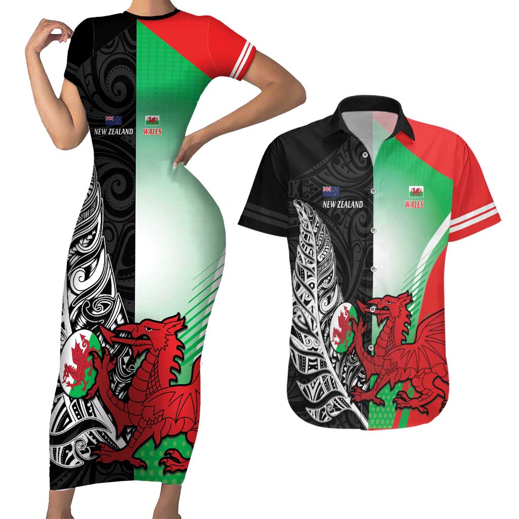 New Zealand and Wales Rugby Custom Couples Matching Short Sleeve Bodycon Dress and Hawaiian Shirt Aotearoa All Black Combine Welsh Dragon - Polynesian Pride