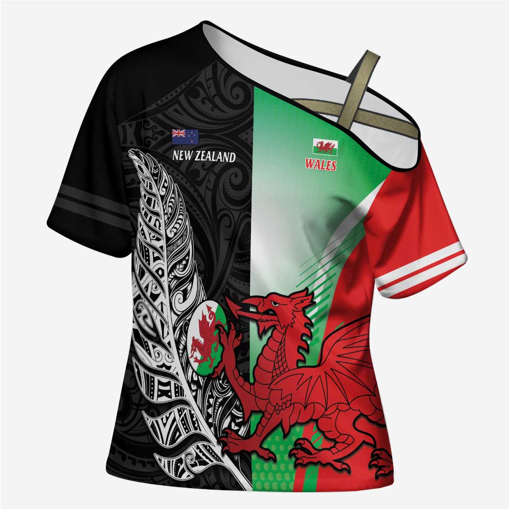 New Zealand and Wales Rugby Custom Cross Shoulder Shirt Aotearoa All Black Combine Welsh Dragon - Polynesian Pride