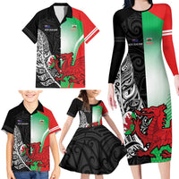 New Zealand and Wales Rugby Custom Family Matching Long Sleeve Bodycon Dress and Hawaiian Shirt Aotearoa All Black Combine Welsh Dragon LT14 - Polynesian Pride