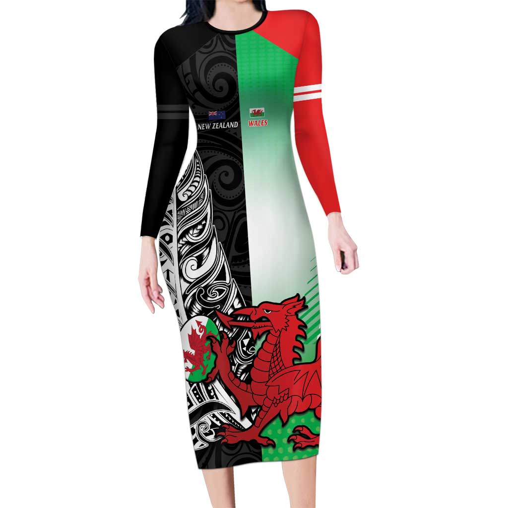 New Zealand and Wales Rugby Custom Family Matching Long Sleeve Bodycon Dress and Hawaiian Shirt Aotearoa All Black Combine Welsh Dragon LT14 Mom's Dress Black - Polynesian Pride