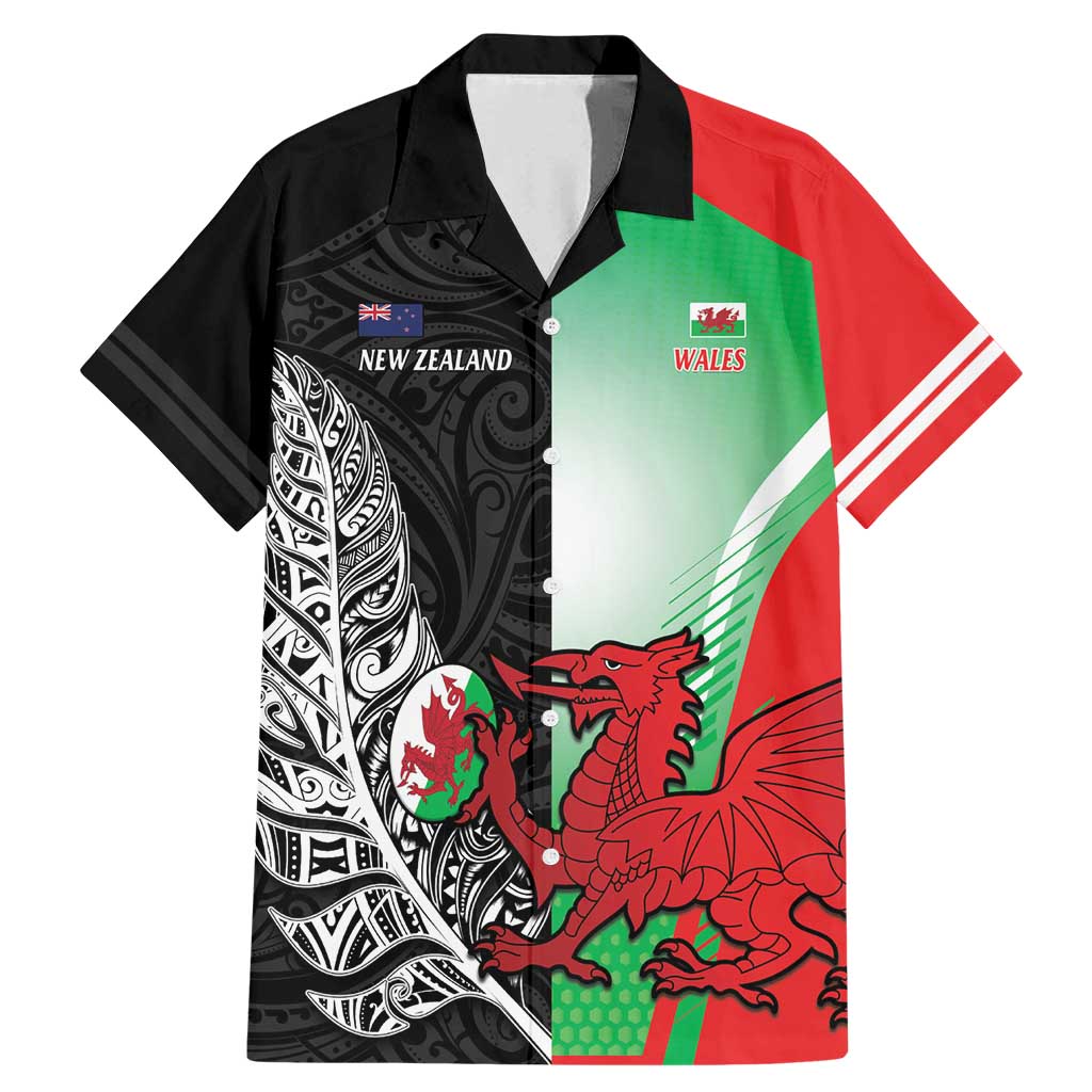 New Zealand and Wales Rugby Custom Family Matching Mermaid Dress and Hawaiian Shirt Aotearoa All Black Combine Welsh Dragon LT14 Dad's Shirt - Short Sleeve Black - Polynesian Pride