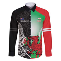 New Zealand and Wales Rugby Custom Family Matching Mermaid Dress and Hawaiian Shirt Aotearoa All Black Combine Welsh Dragon LT14 Dad's Shirt - Long Sleeve Black - Polynesian Pride