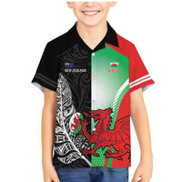 New Zealand and Wales Rugby Custom Family Matching Mermaid Dress and Hawaiian Shirt Aotearoa All Black Combine Welsh Dragon LT14 Son's Shirt Black - Polynesian Pride