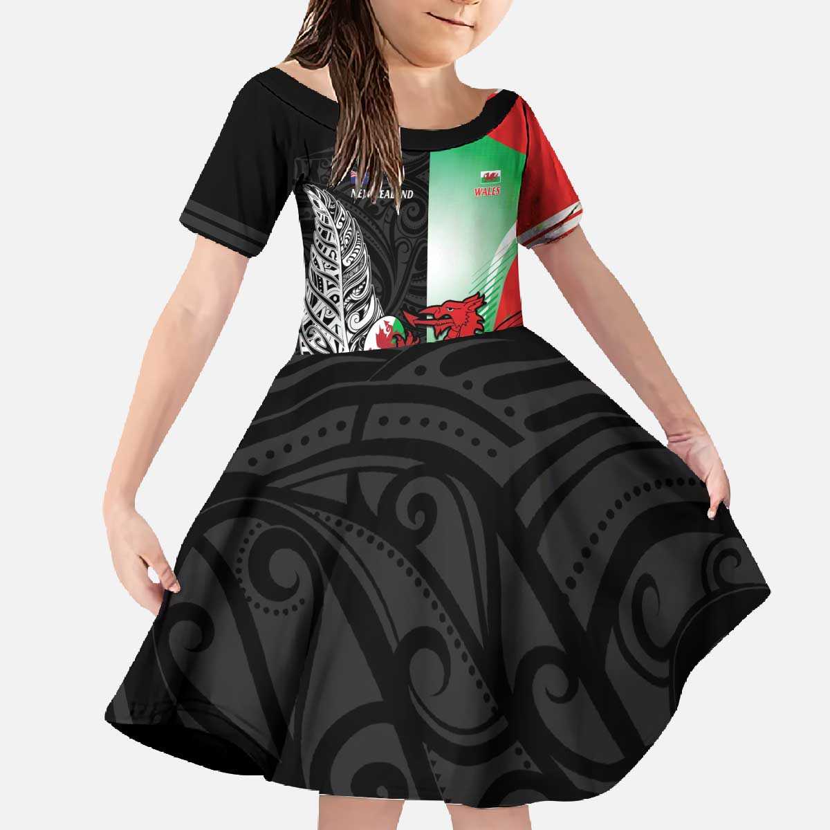New Zealand and Wales Rugby Custom Family Matching Off The Shoulder Long Sleeve Dress and Hawaiian Shirt Aotearoa All Black Combine Welsh Dragon - Polynesian Pride