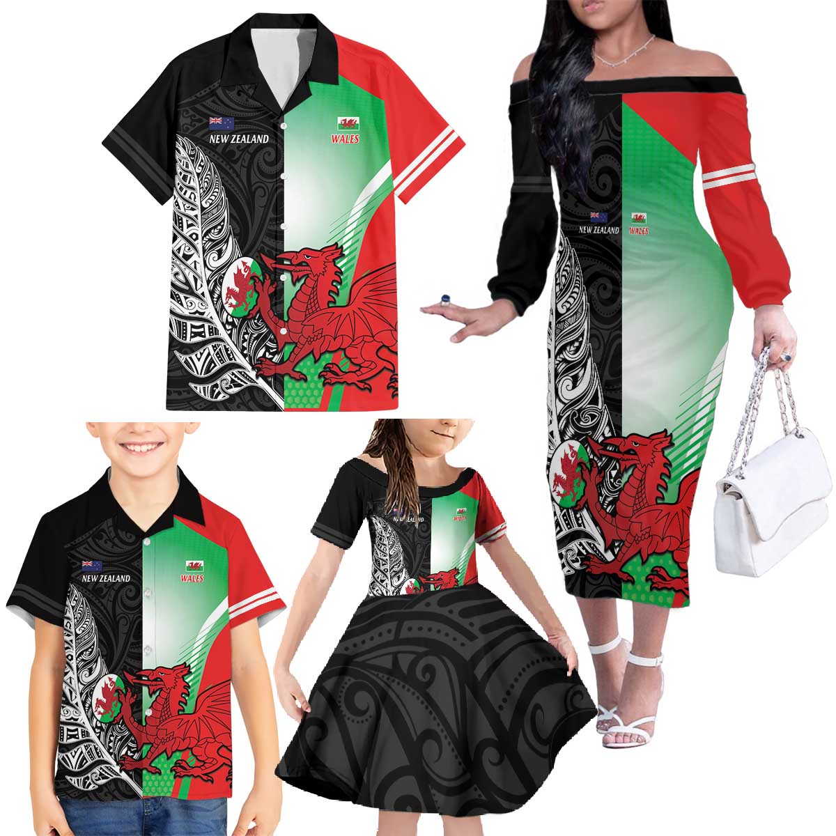 New Zealand and Wales Rugby Custom Family Matching Off The Shoulder Long Sleeve Dress and Hawaiian Shirt Aotearoa All Black Combine Welsh Dragon - Polynesian Pride