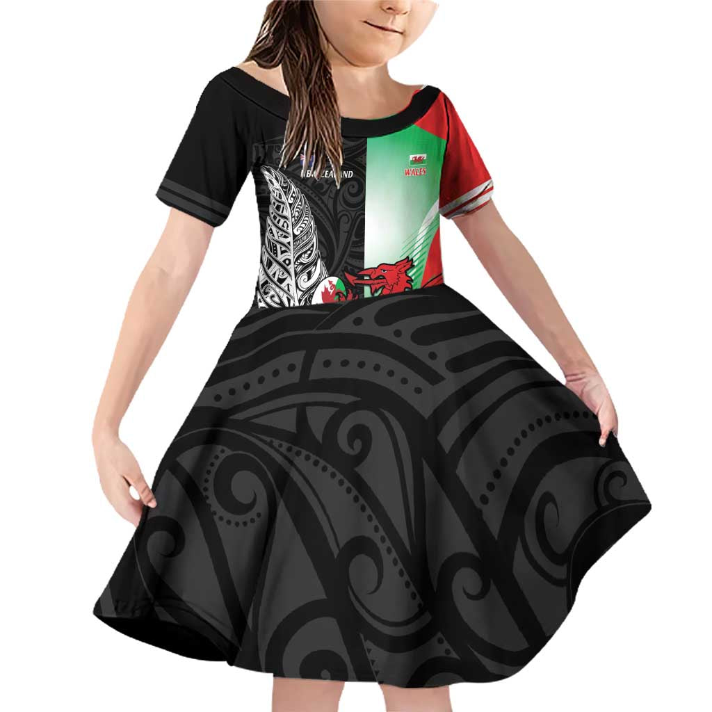 New Zealand and Wales Rugby Custom Family Matching Off Shoulder Short Dress and Hawaiian Shirt Aotearoa All Black Combine Welsh Dragon LT14 Daughter's Dress Black - Polynesian Pride