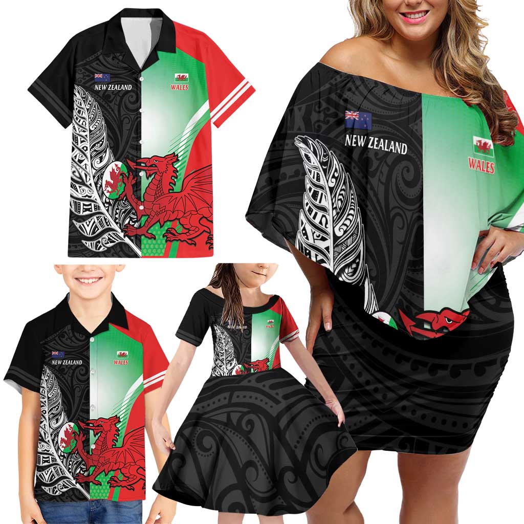 New Zealand and Wales Rugby Custom Family Matching Off Shoulder Short Dress and Hawaiian Shirt Aotearoa All Black Combine Welsh Dragon LT14 - Polynesian Pride