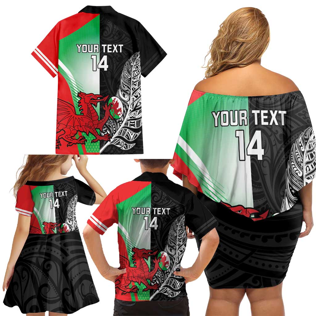 New Zealand and Wales Rugby Custom Family Matching Off Shoulder Short Dress and Hawaiian Shirt Aotearoa All Black Combine Welsh Dragon LT14 - Polynesian Pride
