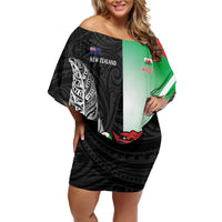 New Zealand and Wales Rugby Custom Family Matching Off Shoulder Short Dress and Hawaiian Shirt Aotearoa All Black Combine Welsh Dragon LT14 Mom's Dress Black - Polynesian Pride