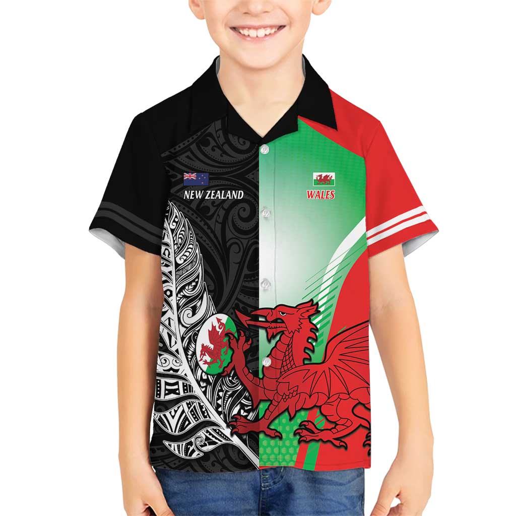 New Zealand and Wales Rugby Custom Family Matching Off Shoulder Short Dress and Hawaiian Shirt Aotearoa All Black Combine Welsh Dragon LT14 Son's Shirt Black - Polynesian Pride