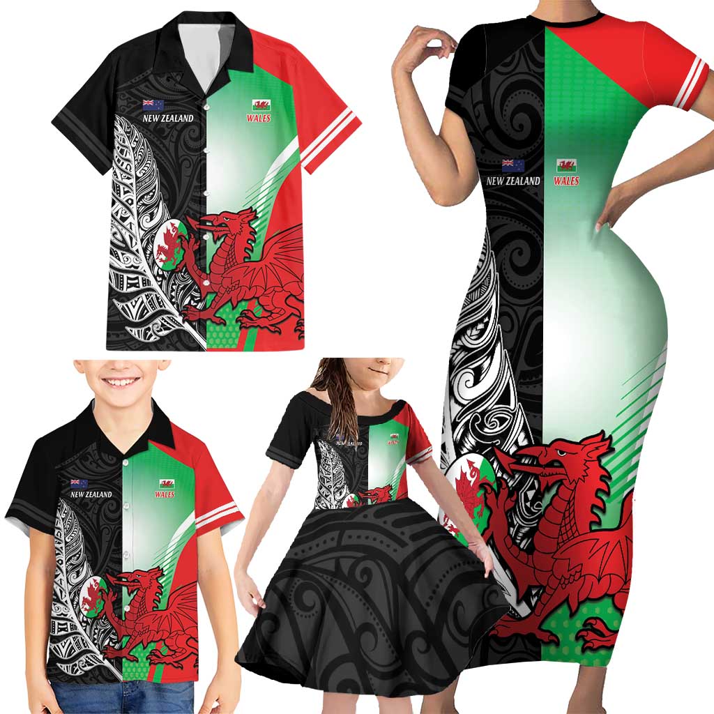 New Zealand and Wales Rugby Custom Family Matching Short Sleeve Bodycon Dress and Hawaiian Shirt Aotearoa All Black Combine Welsh Dragon LT14 - Polynesian Pride