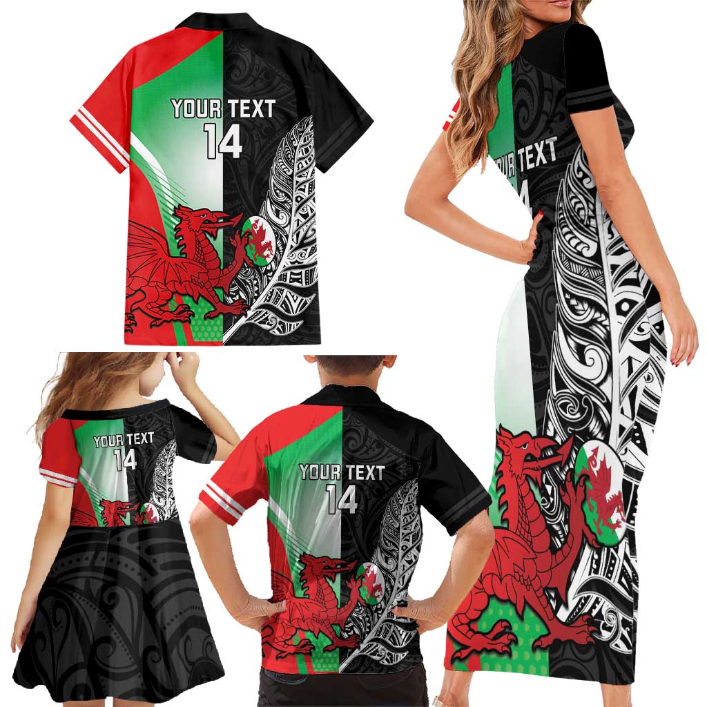 New Zealand and Wales Rugby Custom Family Matching Short Sleeve Bodycon Dress and Hawaiian Shirt Aotearoa All Black Combine Welsh Dragon LT14 - Polynesian Pride