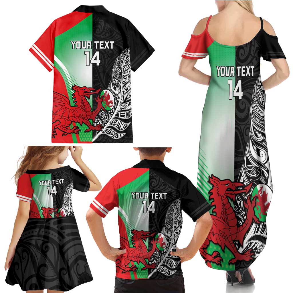 New Zealand and Wales Rugby Custom Family Matching Summer Maxi Dress and Hawaiian Shirt Aotearoa All Black Combine Welsh Dragon LT14 - Polynesian Pride