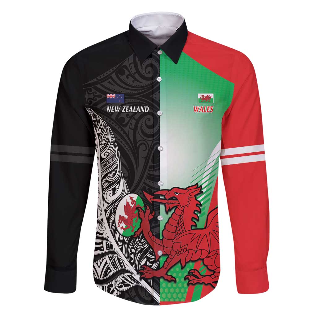New Zealand and Wales Rugby Custom Family Matching Summer Maxi Dress and Hawaiian Shirt Aotearoa All Black Combine Welsh Dragon LT14 Dad's Shirt - Long Sleeve Black - Polynesian Pride
