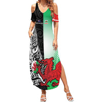 New Zealand and Wales Rugby Custom Family Matching Summer Maxi Dress and Hawaiian Shirt Aotearoa All Black Combine Welsh Dragon LT14 Mom's Dress Black - Polynesian Pride