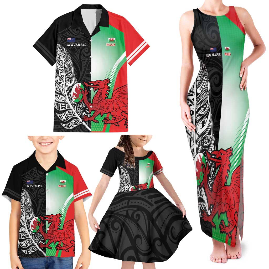 New Zealand and Wales Rugby Custom Family Matching Tank Maxi Dress and Hawaiian Shirt Aotearoa All Black Combine Welsh Dragon LT14 - Polynesian Pride