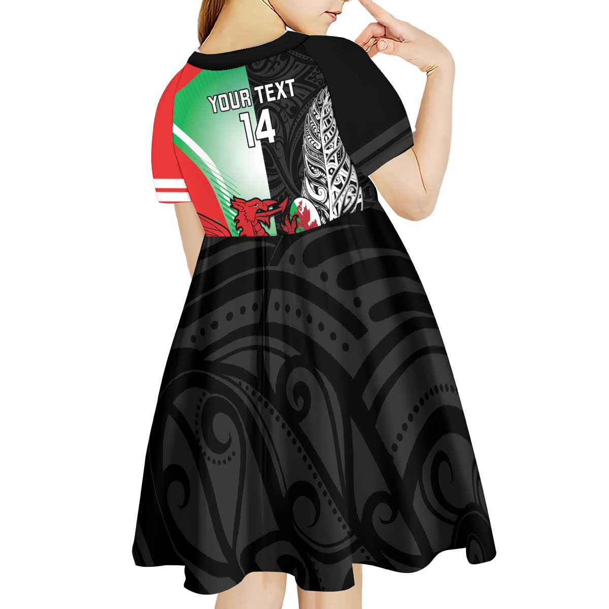 New Zealand and Wales Rugby Custom Kid Short Sleeve Dress Aotearoa All Black Combine Welsh Dragon LT14 - Polynesian Pride