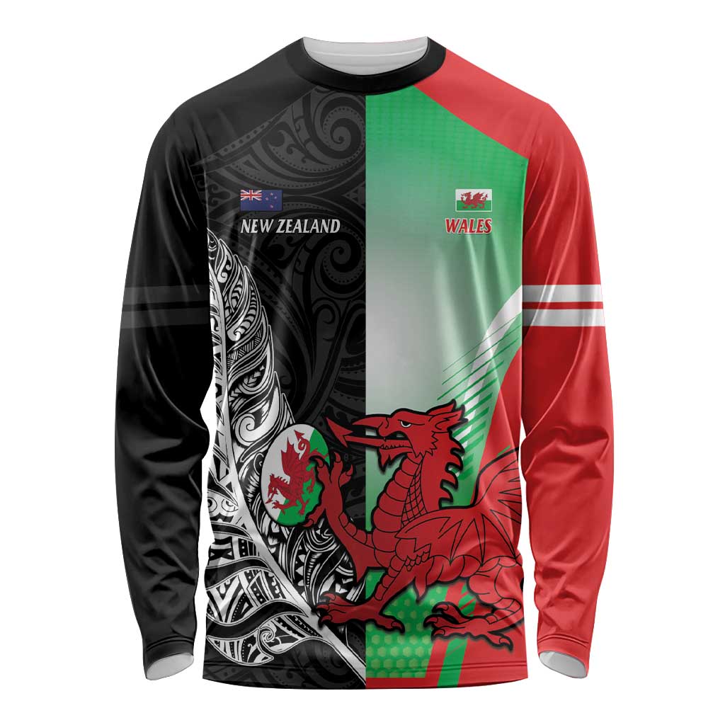 New Zealand and Wales Rugby Custom Long Sleeve Shirt Aotearoa All Black Combine Welsh Dragon - Polynesian Pride