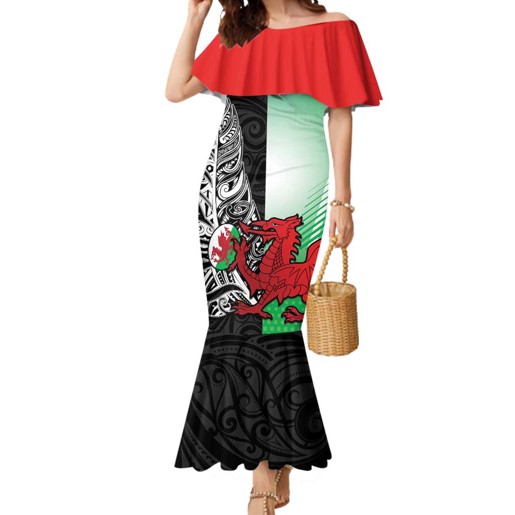 New Zealand and Wales Rugby Custom Mermaid Dress Aotearoa All Black Combine Welsh Dragon LT14 Women Black - Polynesian Pride