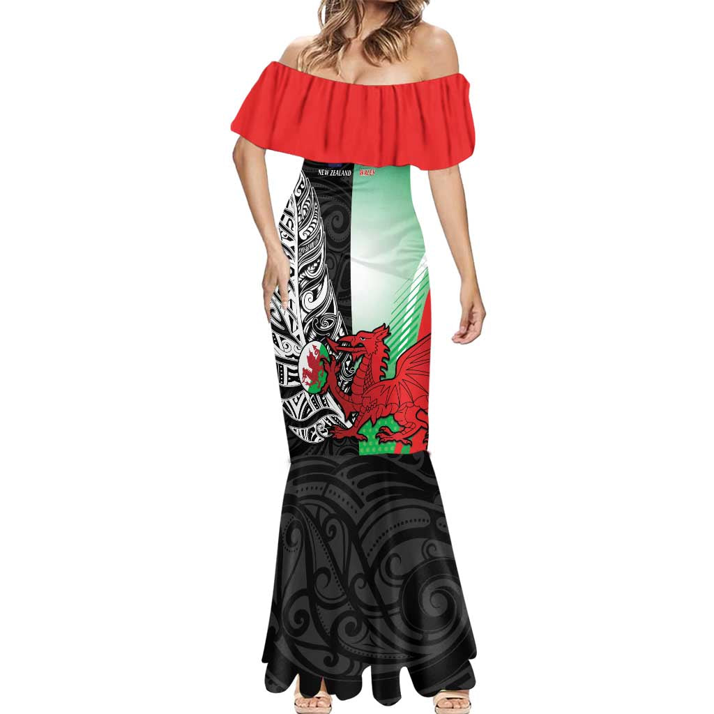 New Zealand and Wales Rugby Custom Mermaid Dress Aotearoa All Black Combine Welsh Dragon LT14 - Polynesian Pride