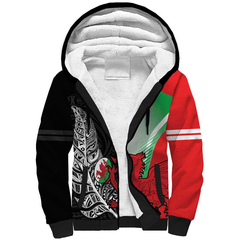 New Zealand and Wales Rugby Custom Sherpa Hoodie Aotearoa All Black Combine Welsh Dragon LT14 Unisex Black - Polynesian Pride
