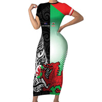 New Zealand and Wales Rugby Custom Short Sleeve Bodycon Dress Aotearoa All Black Combine Welsh Dragon LT14 Long Dress Black - Polynesian Pride