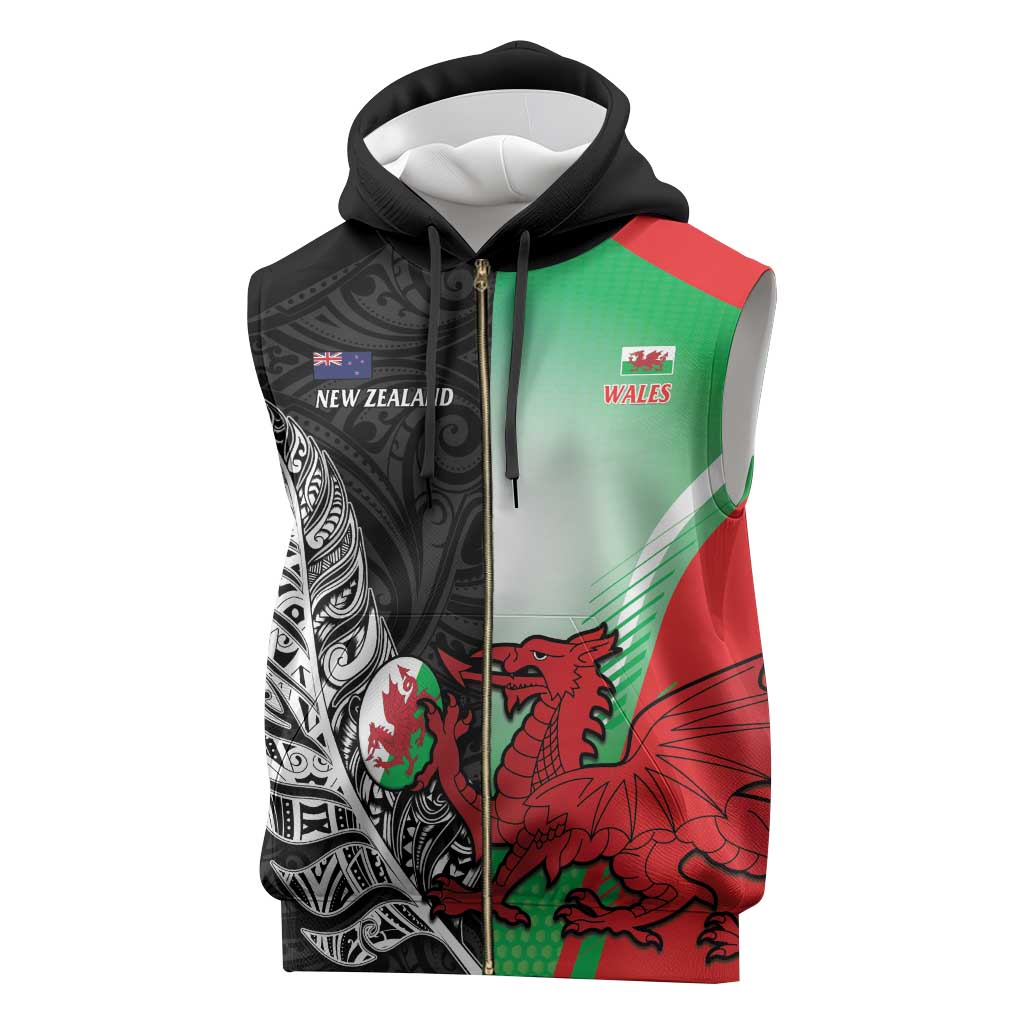 New Zealand and Wales Rugby Custom Sleeveless Zip Hoodie Aotearoa All Black Combine Welsh Dragon - Polynesian Pride