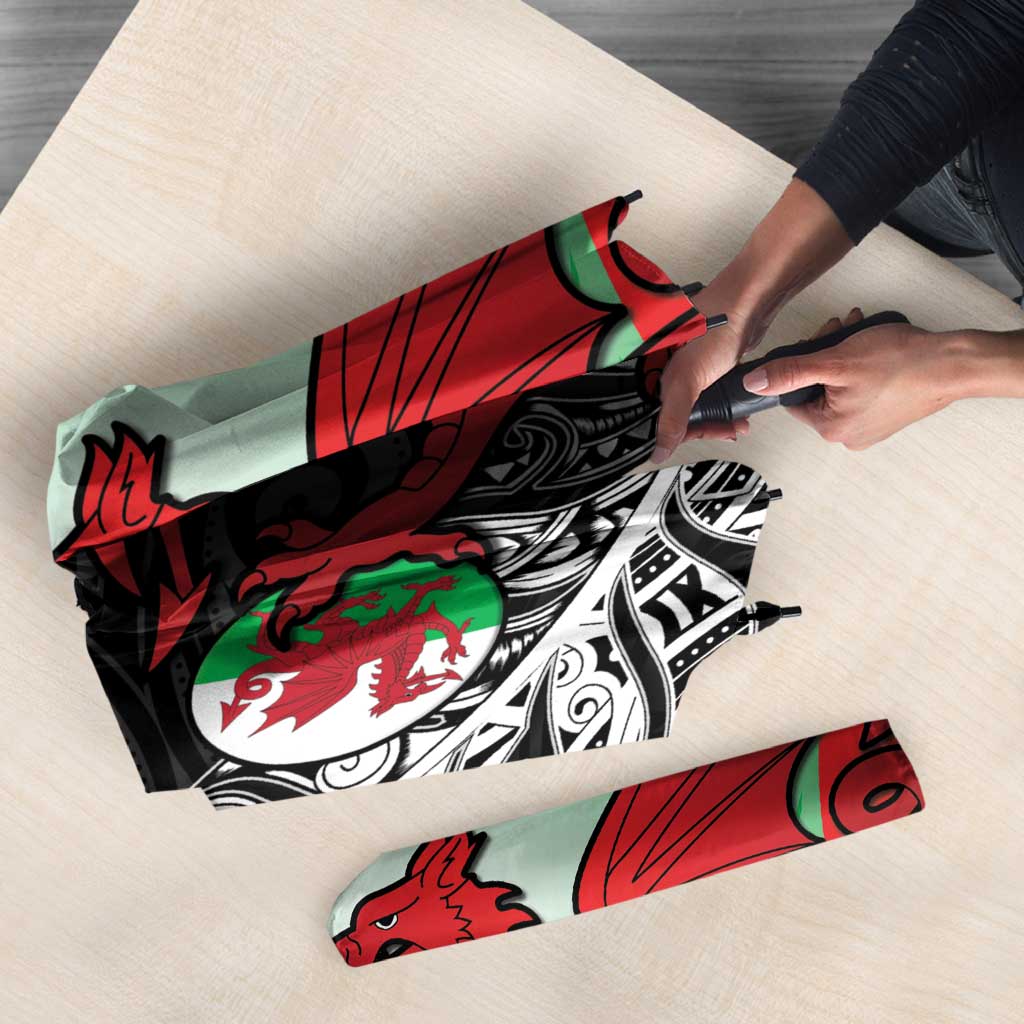 New Zealand and Wales Rugby Custom Umbrella Aotearoa All Black Combine Welsh Dragon - Polynesian Pride