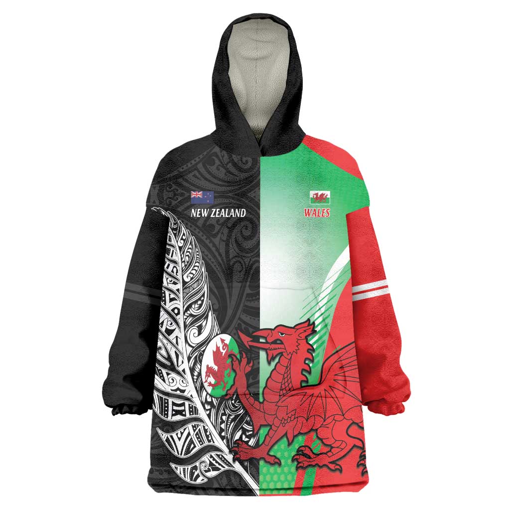 New Zealand and Wales Rugby Custom Wearable Blanket Hoodie Aotearoa All Black Combine Welsh Dragon LT14 One Size Black - Polynesian Pride