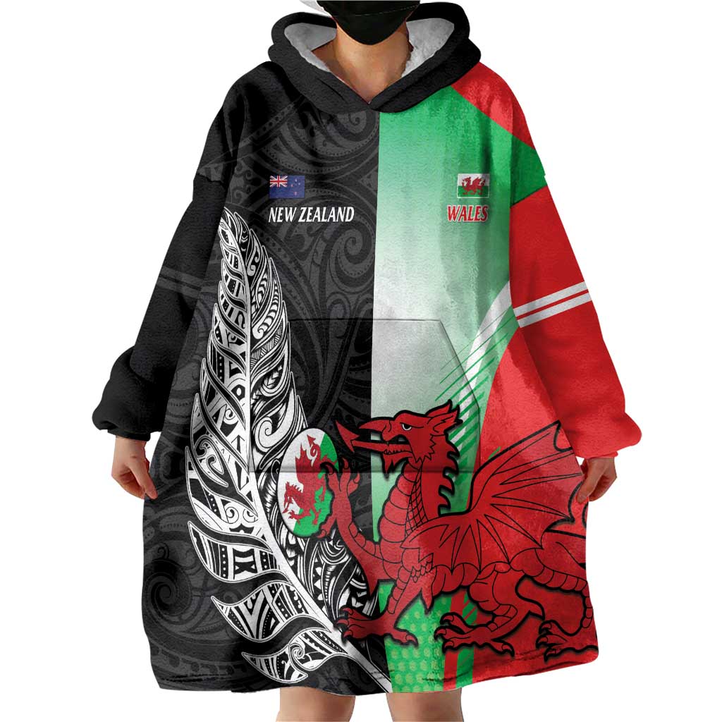 New Zealand and Wales Rugby Custom Wearable Blanket Hoodie Aotearoa All Black Combine Welsh Dragon LT14 - Polynesian Pride