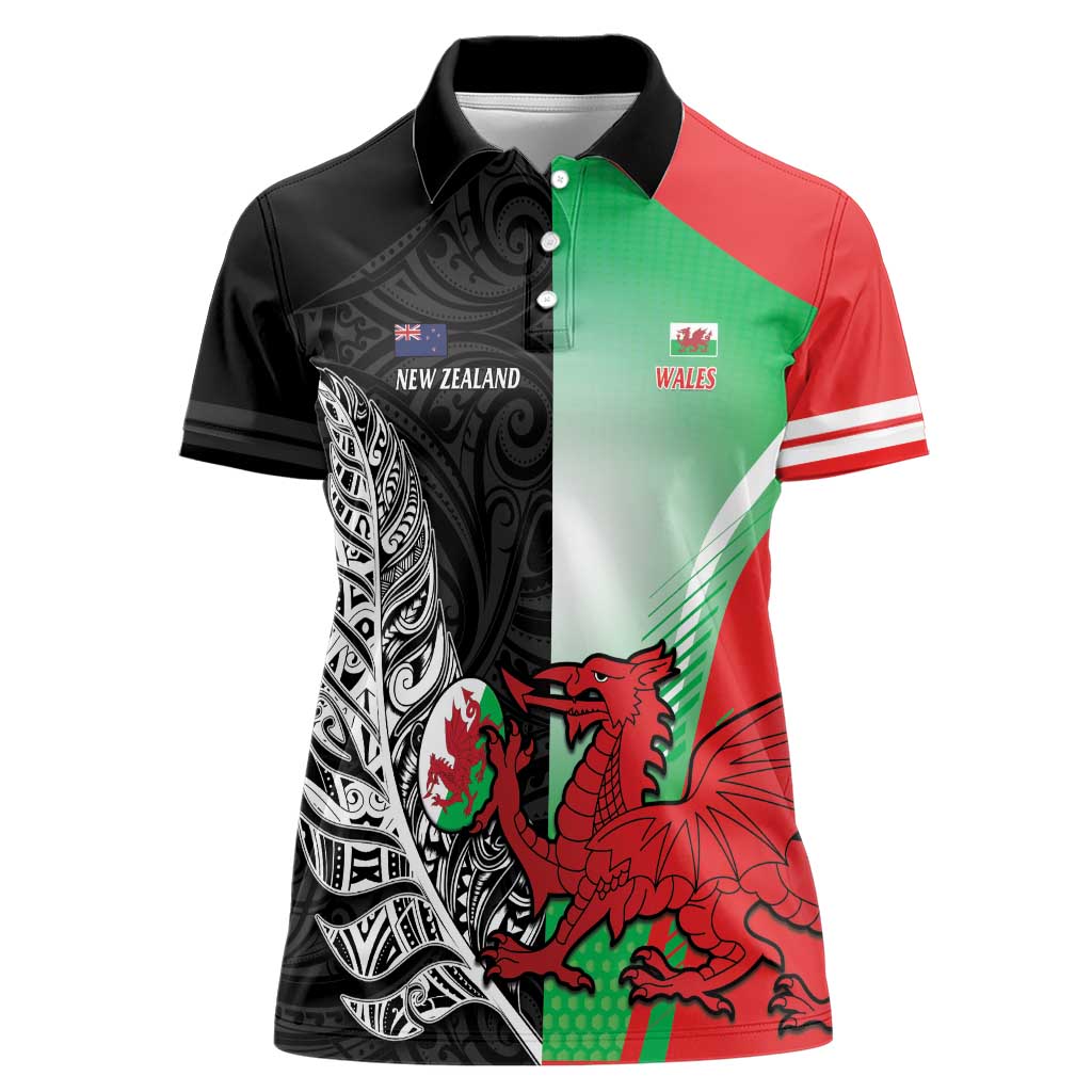 New Zealand and Wales Rugby Custom Women Polo Shirt Aotearoa All Black Combine Welsh Dragon LT14 Female Black - Polynesian Pride