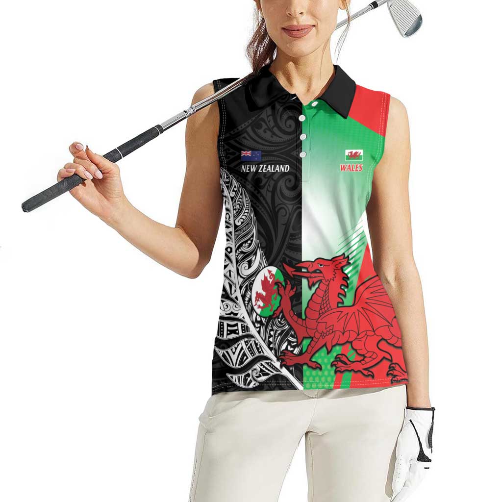 New Zealand and Wales Rugby Custom Women Sleeveless Polo Shirt Aotearoa All Black Combine Welsh Dragon LT14 - Polynesian Pride