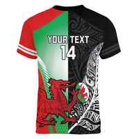 New Zealand and Wales Rugby Custom Women V-Neck T-Shirt Aotearoa All Black Combine Welsh Dragon LT14 - Polynesian Pride