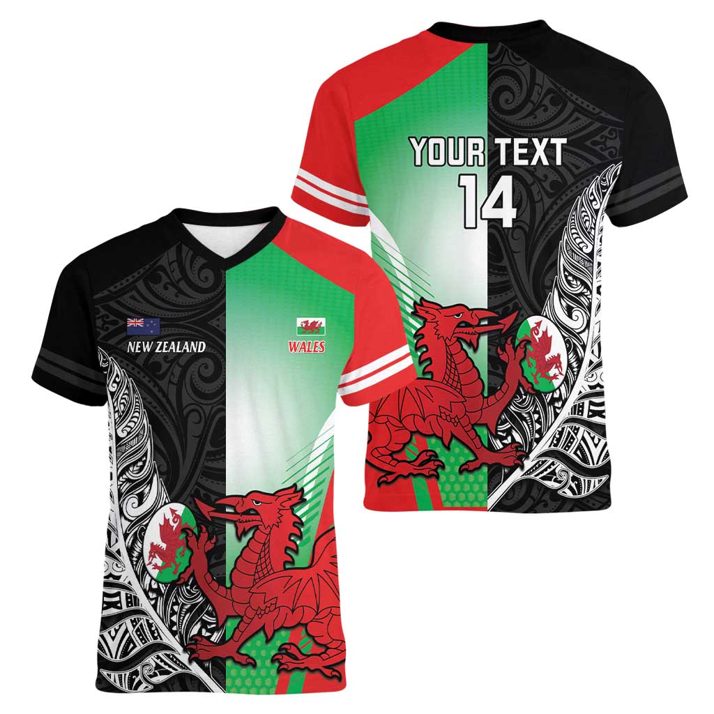 New Zealand and Wales Rugby Custom Women V-Neck T-Shirt Aotearoa All Black Combine Welsh Dragon LT14 - Polynesian Pride