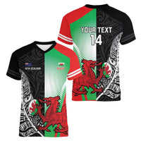 New Zealand and Wales Rugby Custom Women V-Neck T-Shirt Aotearoa All Black Combine Welsh Dragon LT14 - Polynesian Pride
