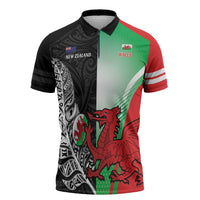 New Zealand and Wales Rugby Custom Zipper Polo Shirt Aotearoa All Black Combine Welsh Dragon LT14 Black - Polynesian Pride