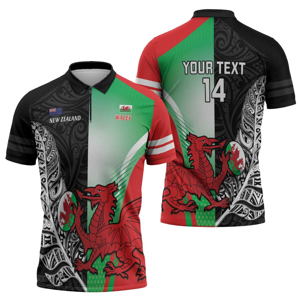 New Zealand and Wales Rugby Custom Zipper Polo Shirt Aotearoa All Black Combine Welsh Dragon LT14 - Polynesian Pride