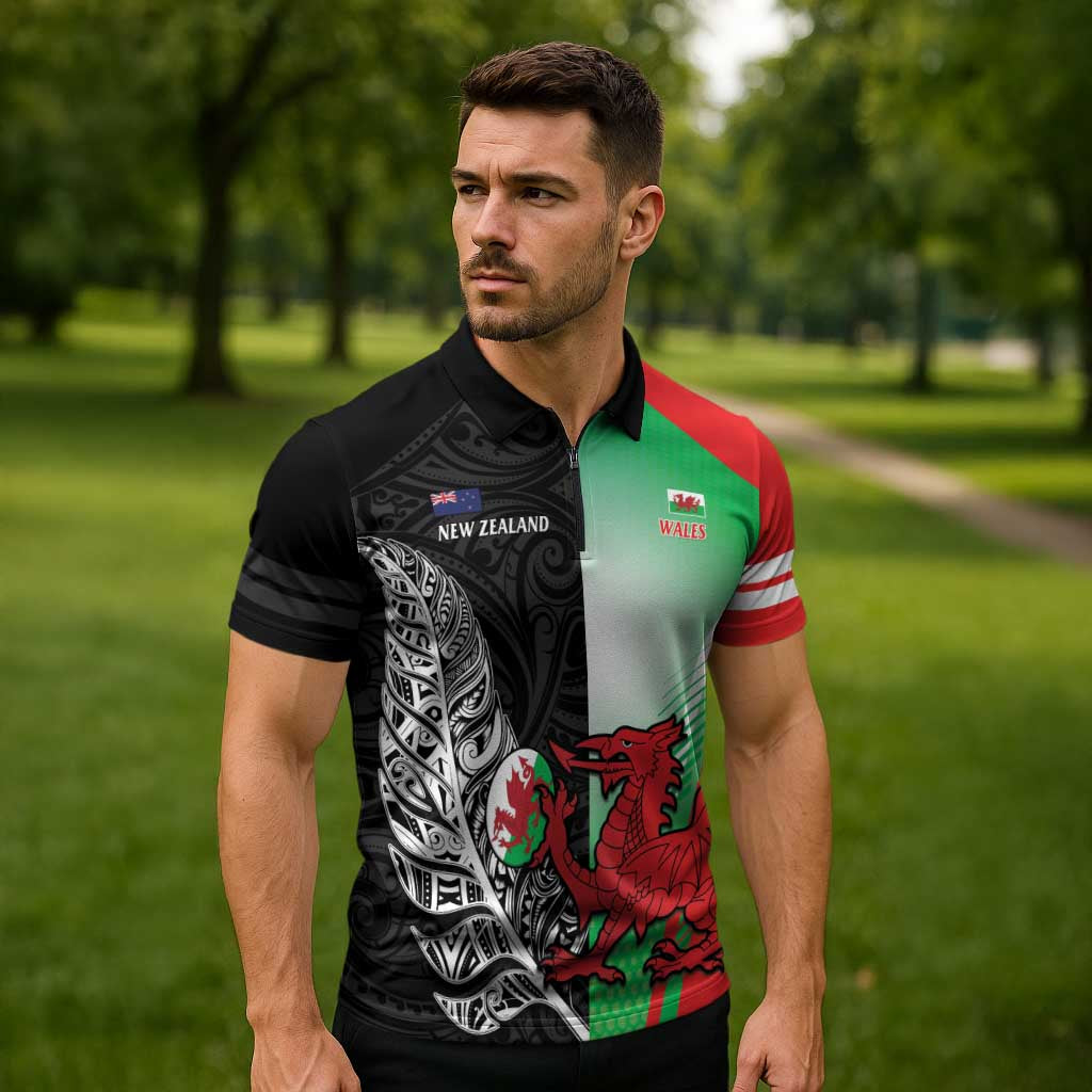 New Zealand and Wales Rugby Custom Zipper Polo Shirt Aotearoa All Black Combine Welsh Dragon LT14 - Polynesian Pride